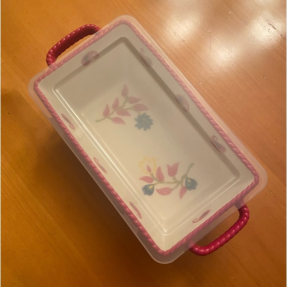 vb Loaf Pan with Lid Two Handles Ceramic Flowers Poinsettias - Picture 6 of 14